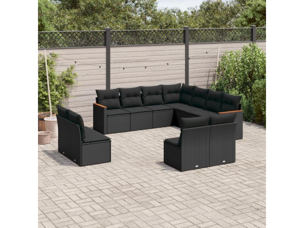 11-piece garden furniture set with cushions, black woven resin