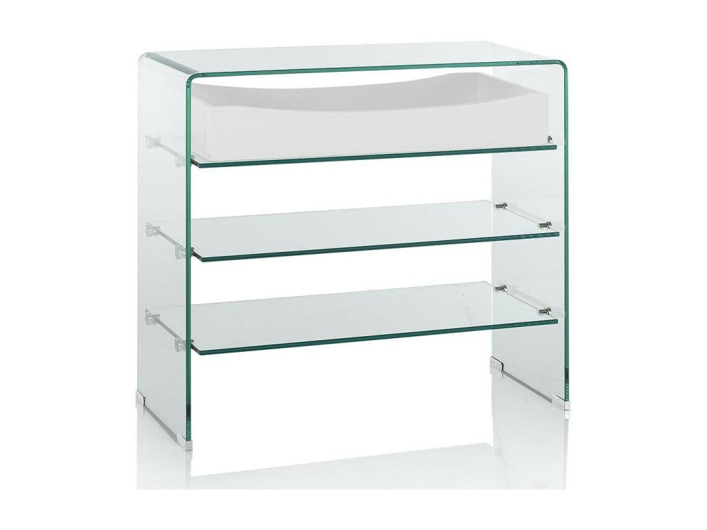Meubiana console table with 3 shelves, 1 drawer, white and clear glass, 80cm wide