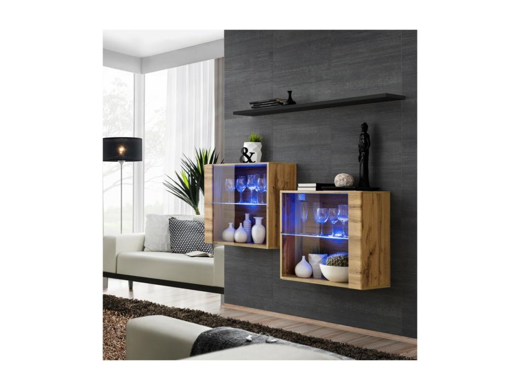 SWITCH SBIII living room furniture set in Meubiana oak color with glass door and integrated LED system and black shelf.