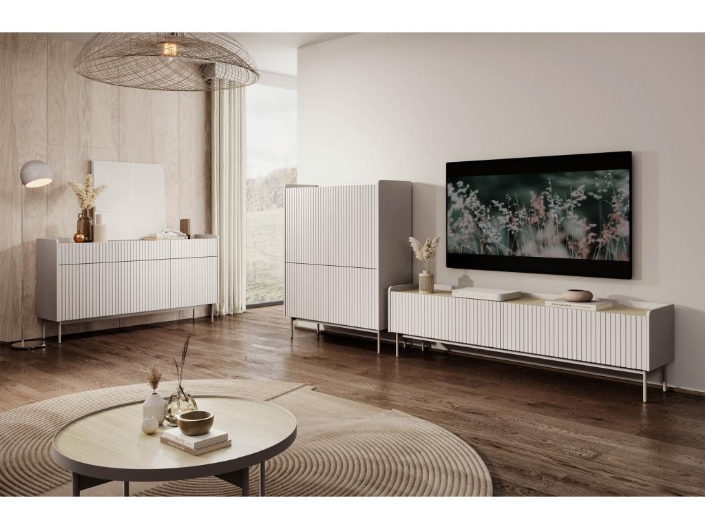 2-door TV stand - grooved fronts - metal legs - 181 cm - beige - Meubiana