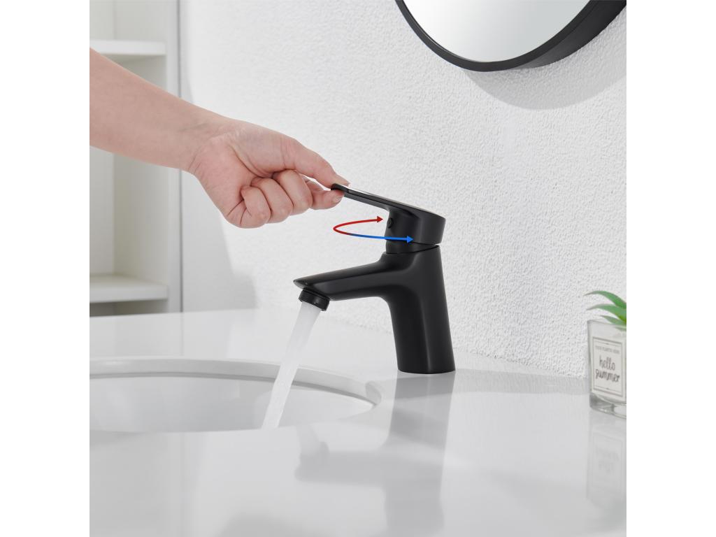 Single-hole basin mixer tap with pop-up waste hole, black, with automatic overflow.