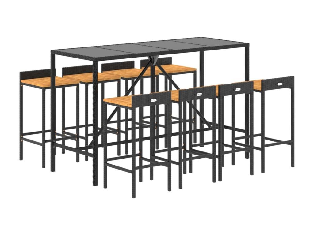 Meubiana 9-piece black poly rattan/solid wood garden bar set