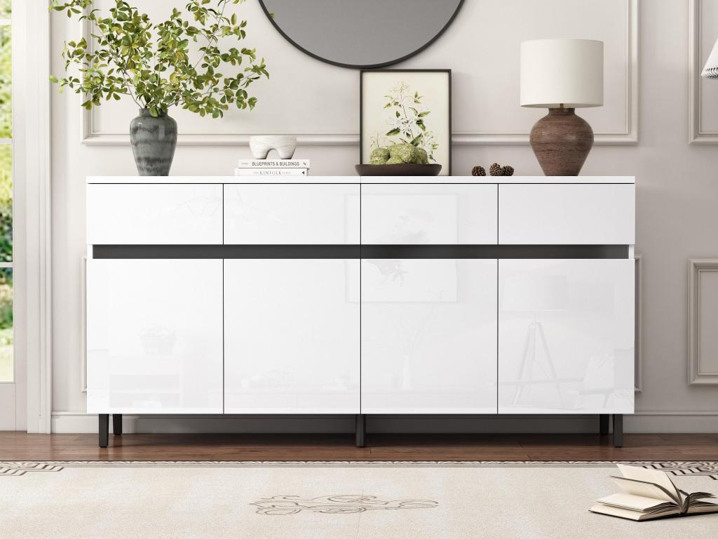 Modern glossy sideboard - 4 doors with 4 adjustable shelves and 4 drawers - White