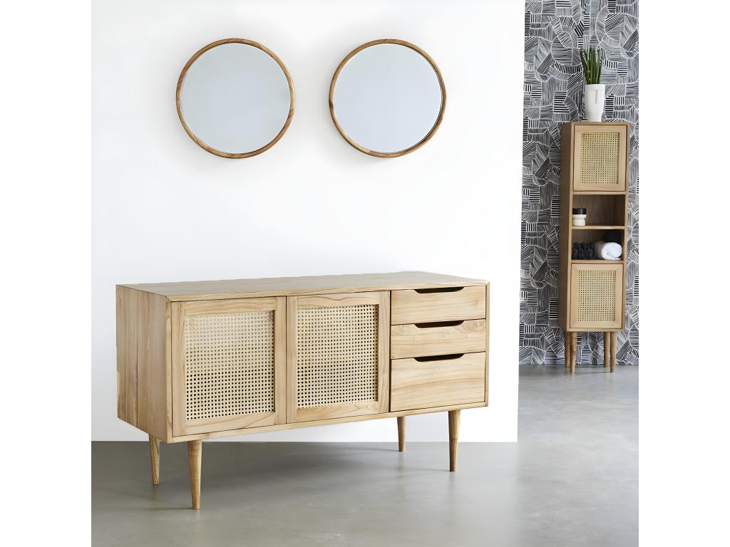 Bathroom cabinet in solid wood and caning, 135 cm