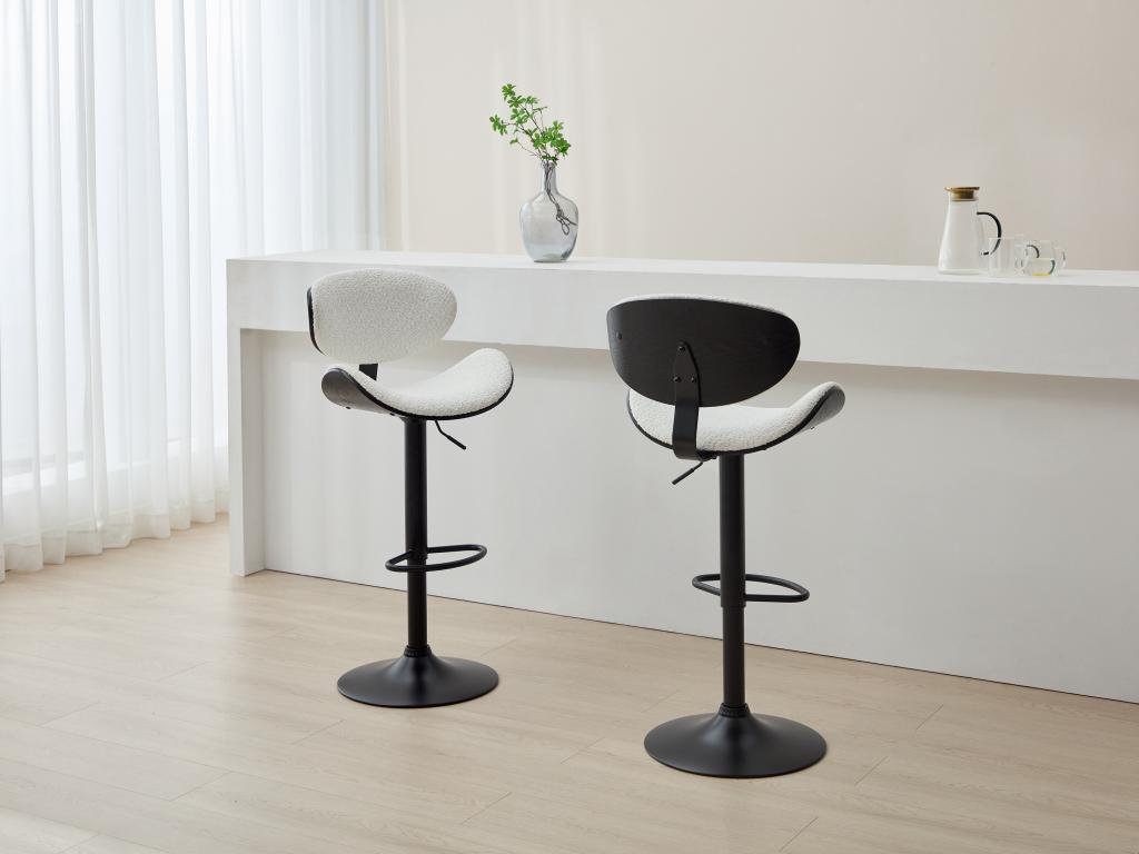 Set of 2 bar stools in bouclé fabric with ash veneer and metal - Adjustable height - White and Black - MONTENEGRO