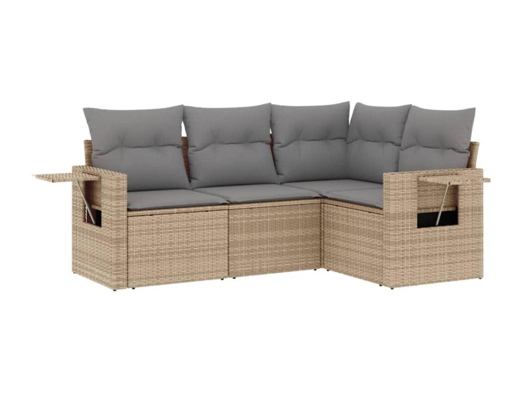 4-piece garden furniture set with cushions, beige woven resin