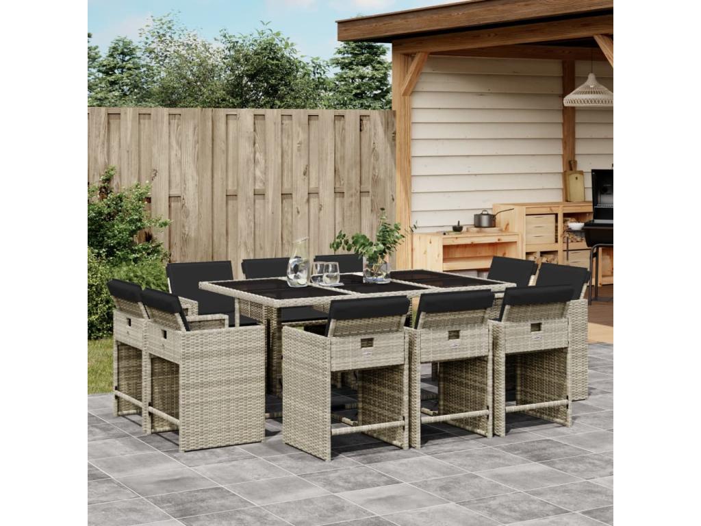 11-piece garden dining set with grey poly rattan cushions