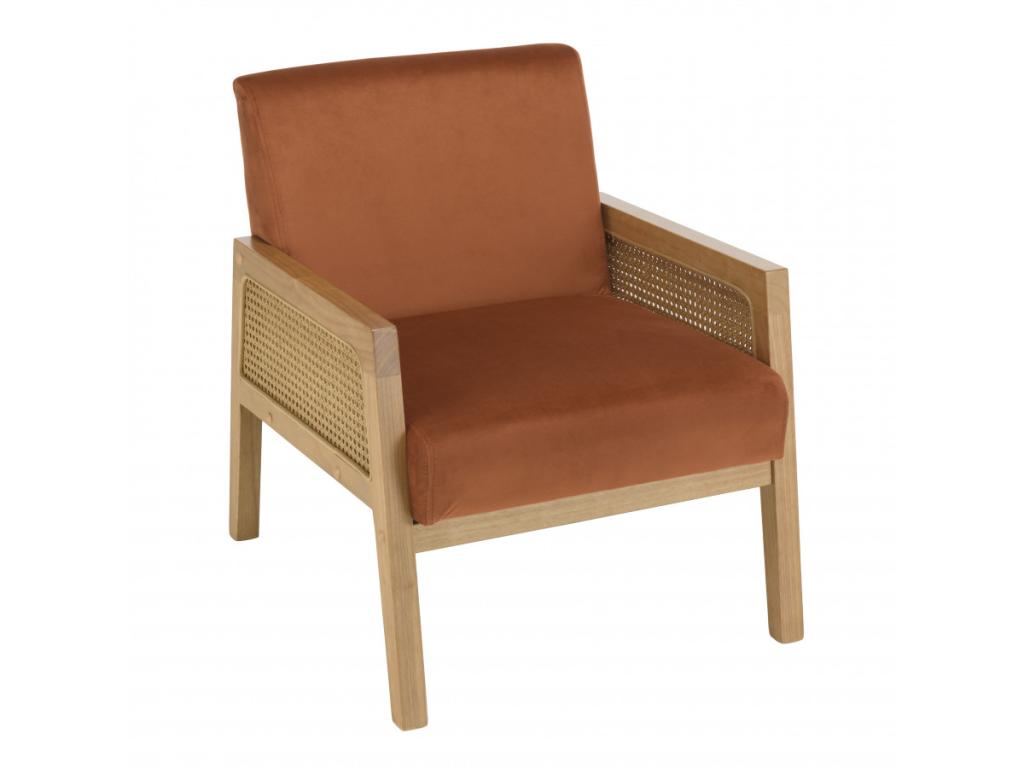 Homzora - Homzora velvet armchair with wooden legs and rattan armrests