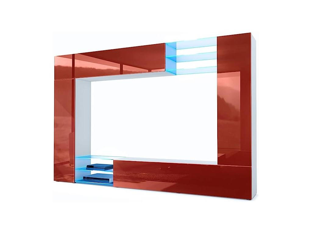 Wall Combination: Body in Matte White/Fronts in High Gloss Burgundy with Blue LED Lighting, 183x262x39