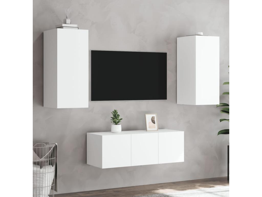 TV wall units with LED, 4 pcs, white engineered wood