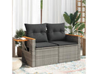 Two-seater garden sofa with grey woven resin cushions