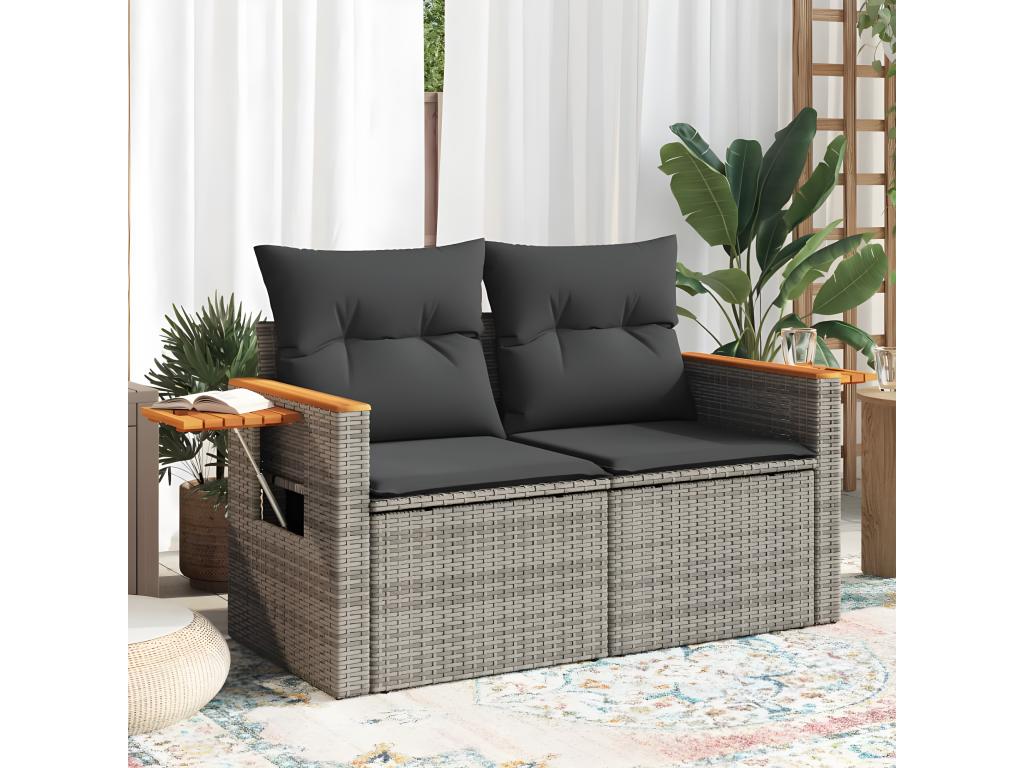 Two-seater garden sofa with grey woven resin cushions