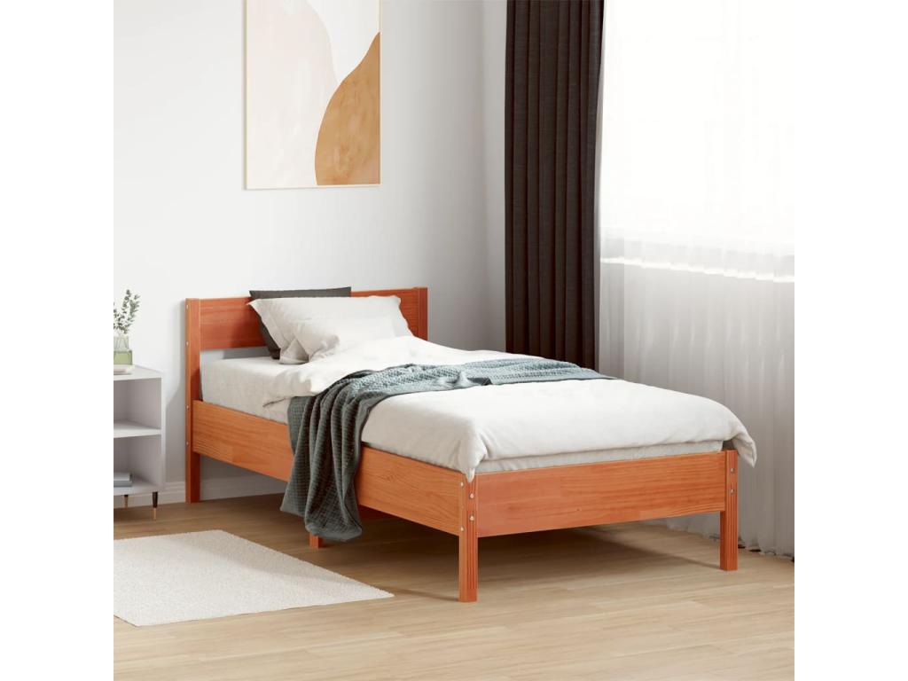 Bed frame without mattress, brown wax finish, 100x200cm, solid pine wood