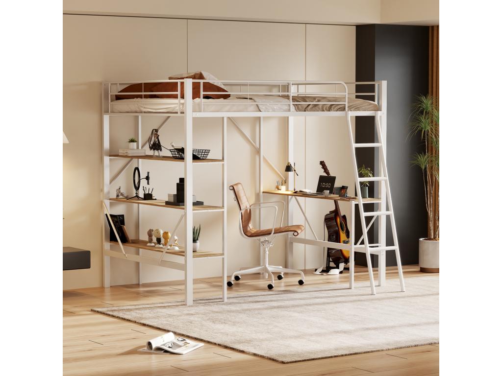 90x200 cm loft bed with desk and storage shelves - Metal - White