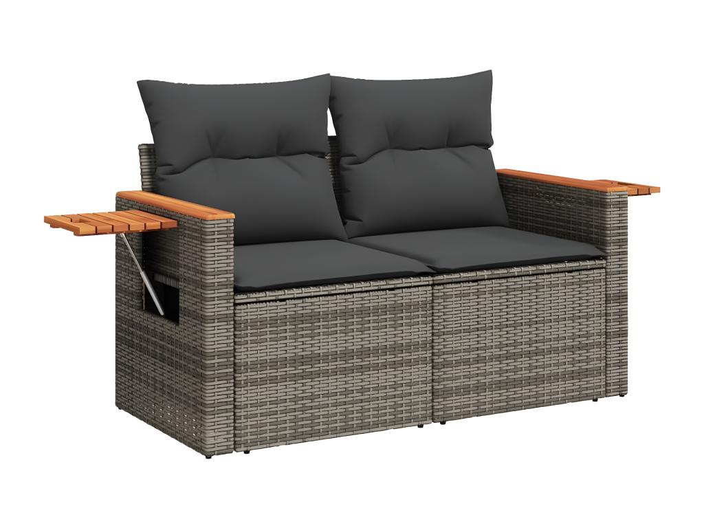 Two-seater garden sofa with grey woven resin cushions