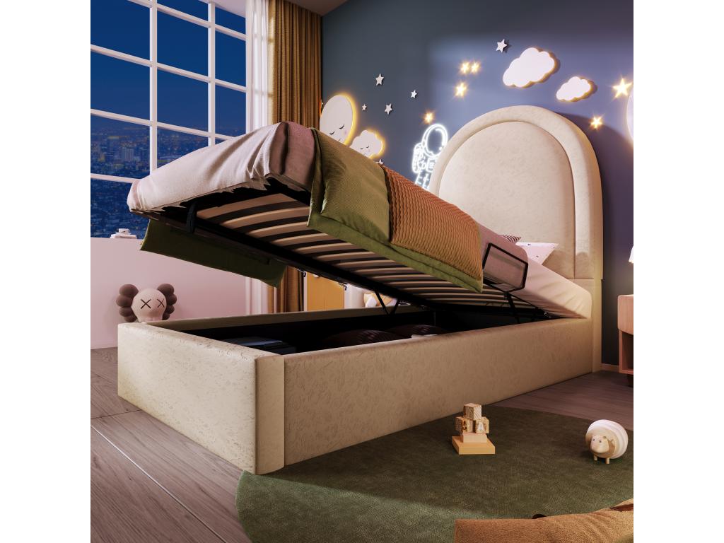 90x200 cm storage bed with round headboard - PU leather - Cosmic pattern - Beige (mattress not included)