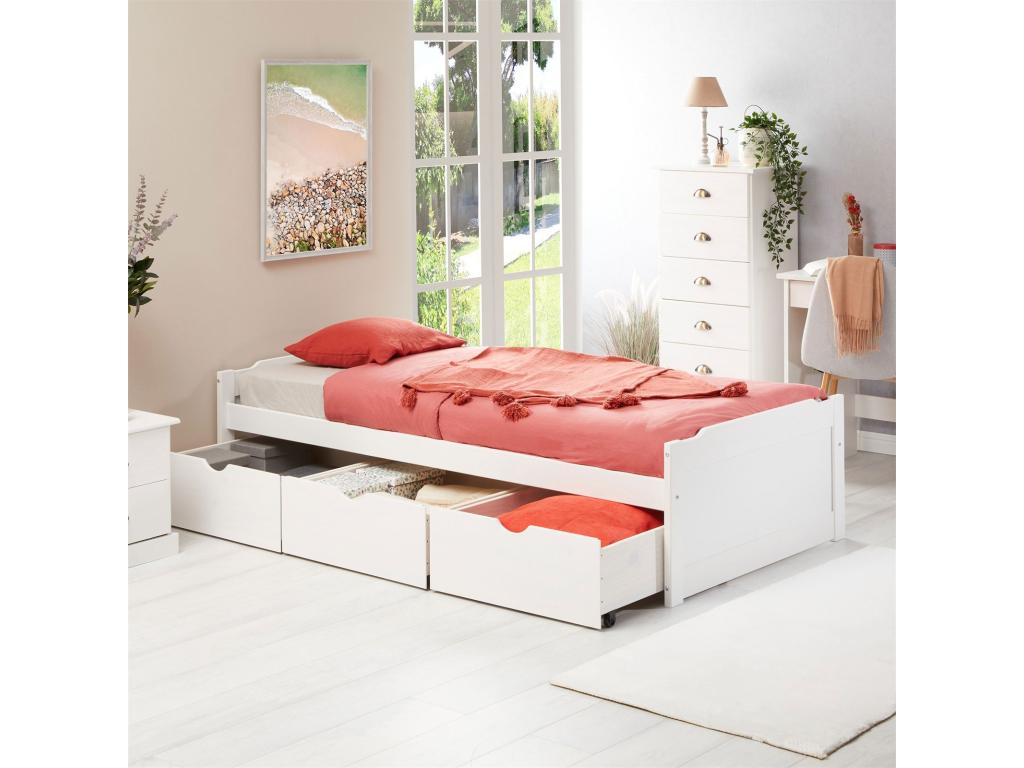 Doucezen functional bed with 3 drawers for storage, 90x190 cm, made of solid white-stained pine