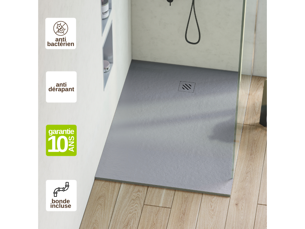 Meubiana Extra-Flat Shower Tray - Meubiana Texture in Grey Polyester - L180 x W75 x H2.6cm - Meubiana