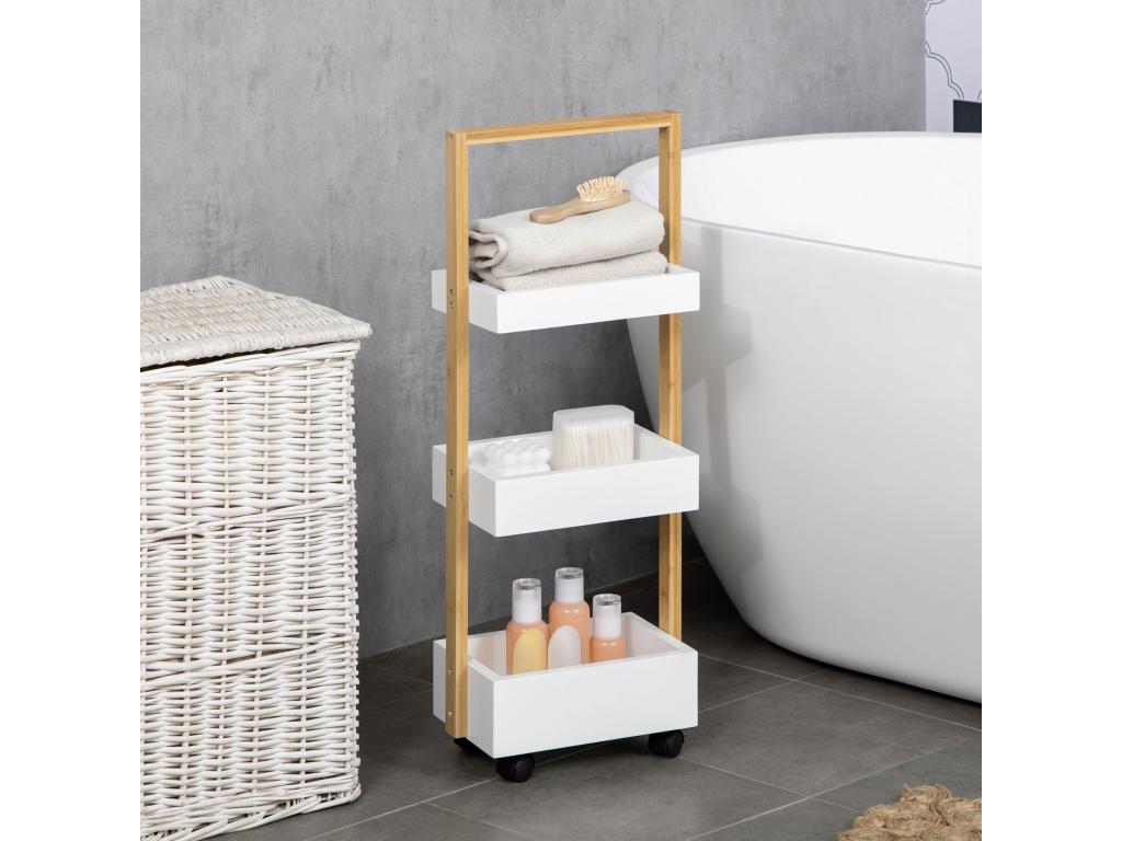 Meubiana 3-compartment service trolley, white MDF, varnished wood frame by Meubiana