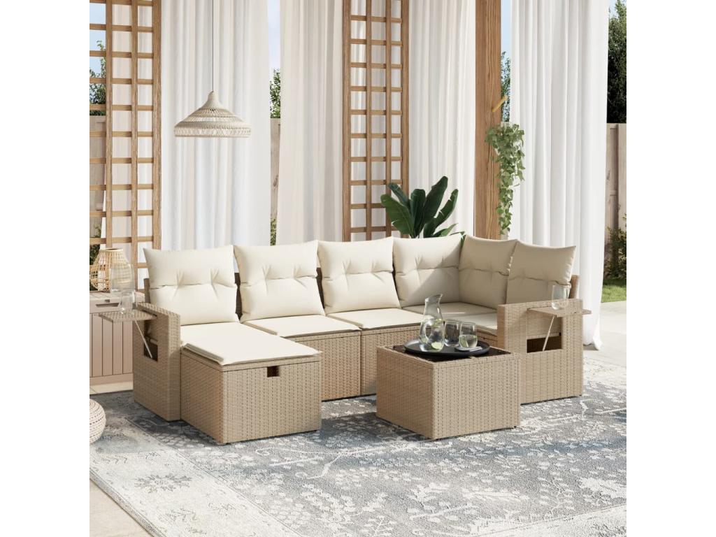 7-piece garden furniture set with cushions, beige woven resin