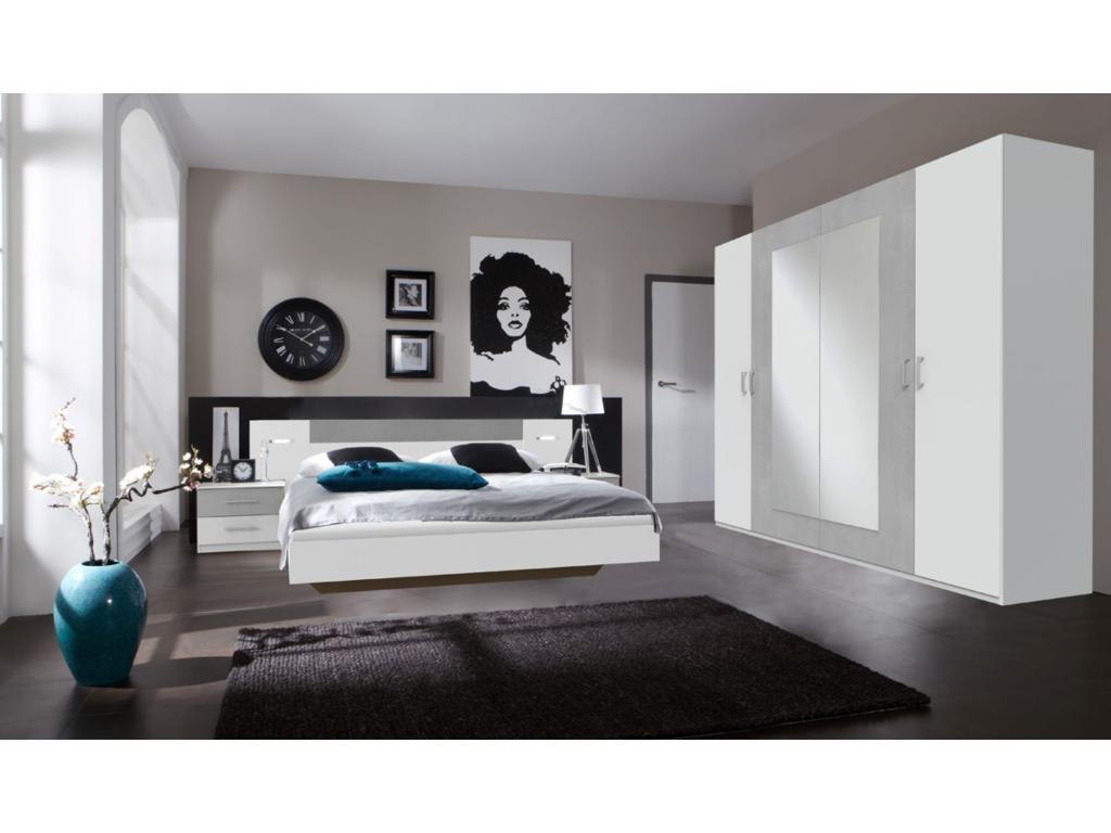 Adult bedroom set in white with light grey concrete-effect trim - 140x200 cm