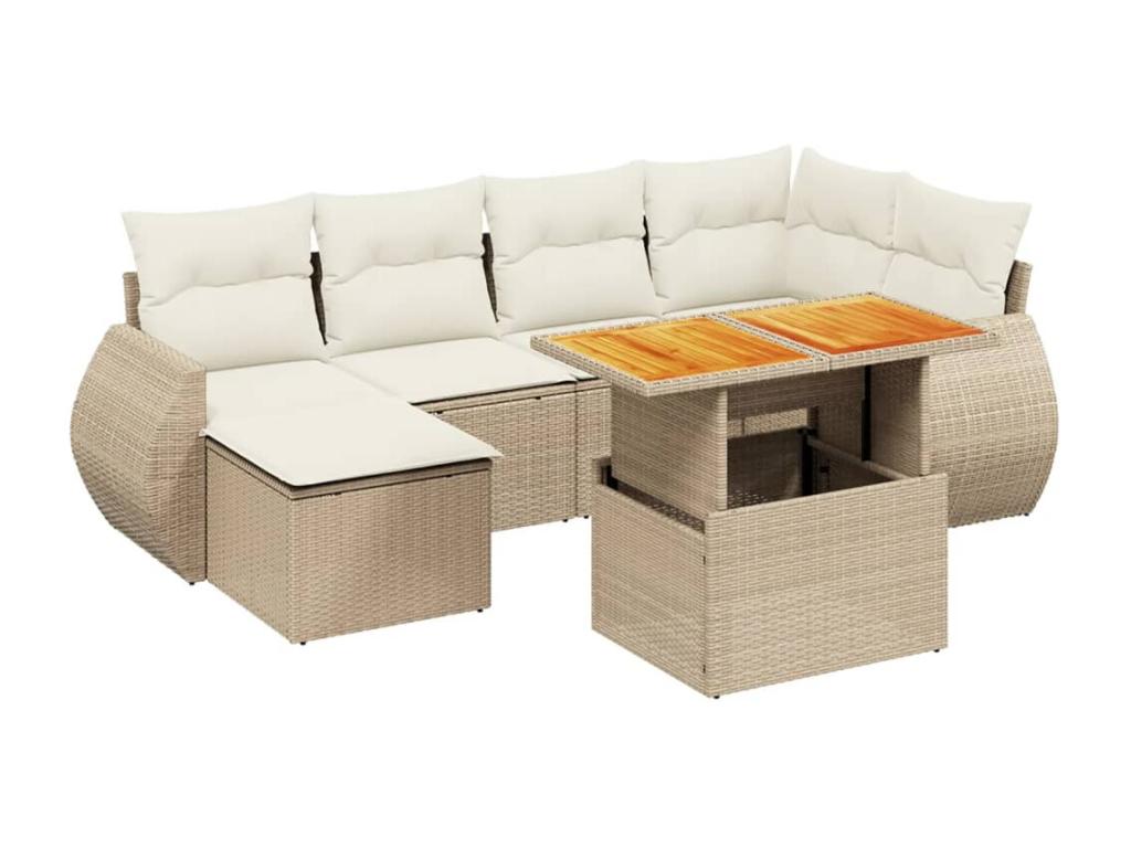 7-piece garden furniture set with cushions, beige woven resin