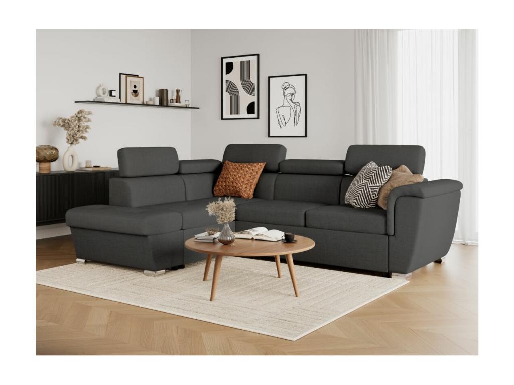 Meubiana 4-seater left-hand corner sofa bed with storage in fabric - Anthracite grey - W252 x D188 x H76cm - Meubiana