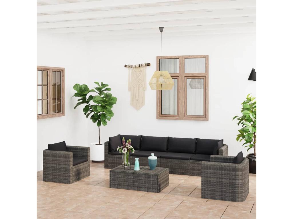 7-piece garden furniture set with cushions, grey woven resin