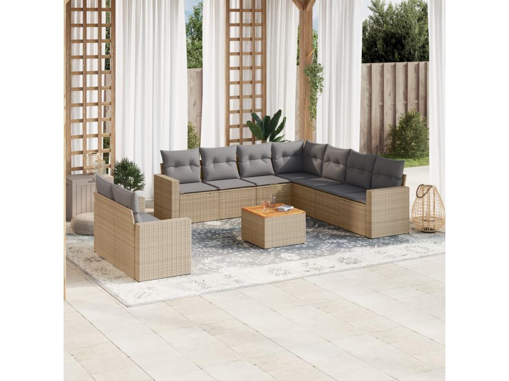 10-piece garden furniture set and cushions, méMeubiana beige woven resin