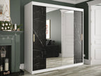 Meubiana 256 Wardrobe, Matte White - Black Marble, 200x200x62cm, Sliding Wardrobe Doors