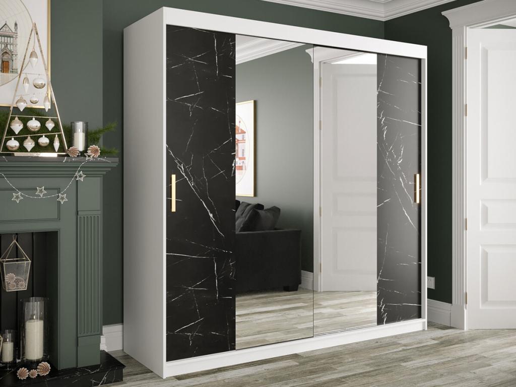 Meubiana 256 Wardrobe, Matte White - Black Marble, 200x200x62cm, Sliding Wardrobe Doors
