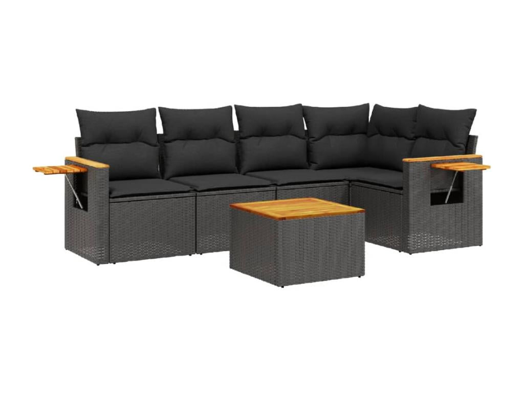 6-piece garden furniture set with cushions, black woven resin
