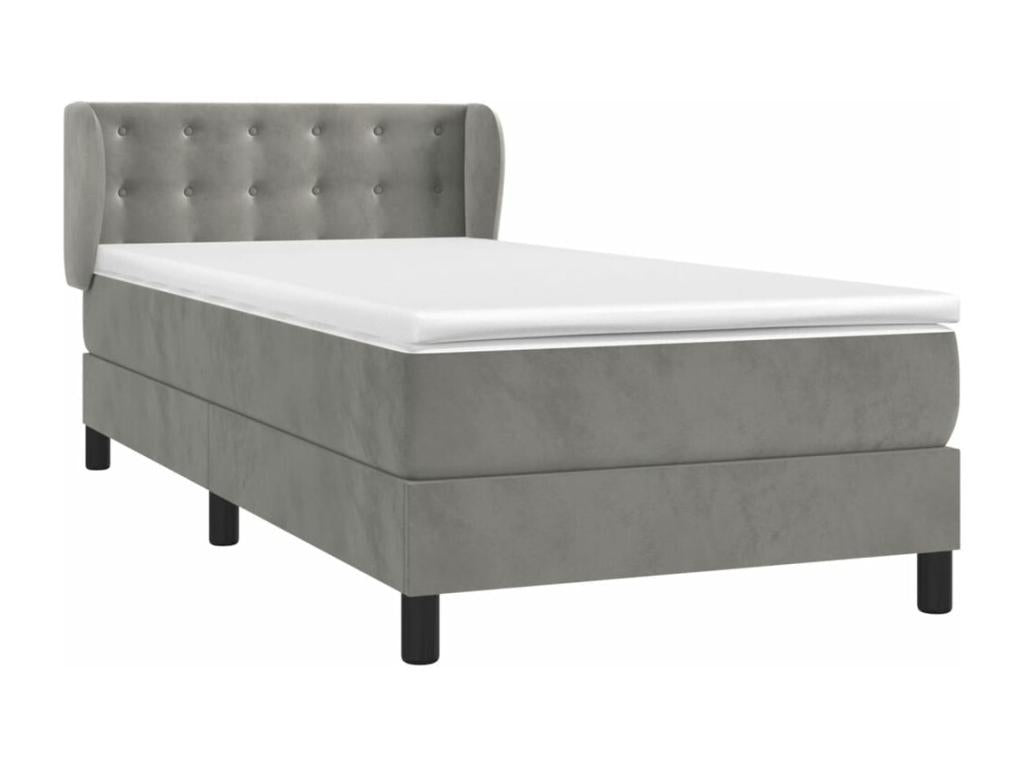 Upholstered bed base and mattress, light grey, 90x190 cm, velvet