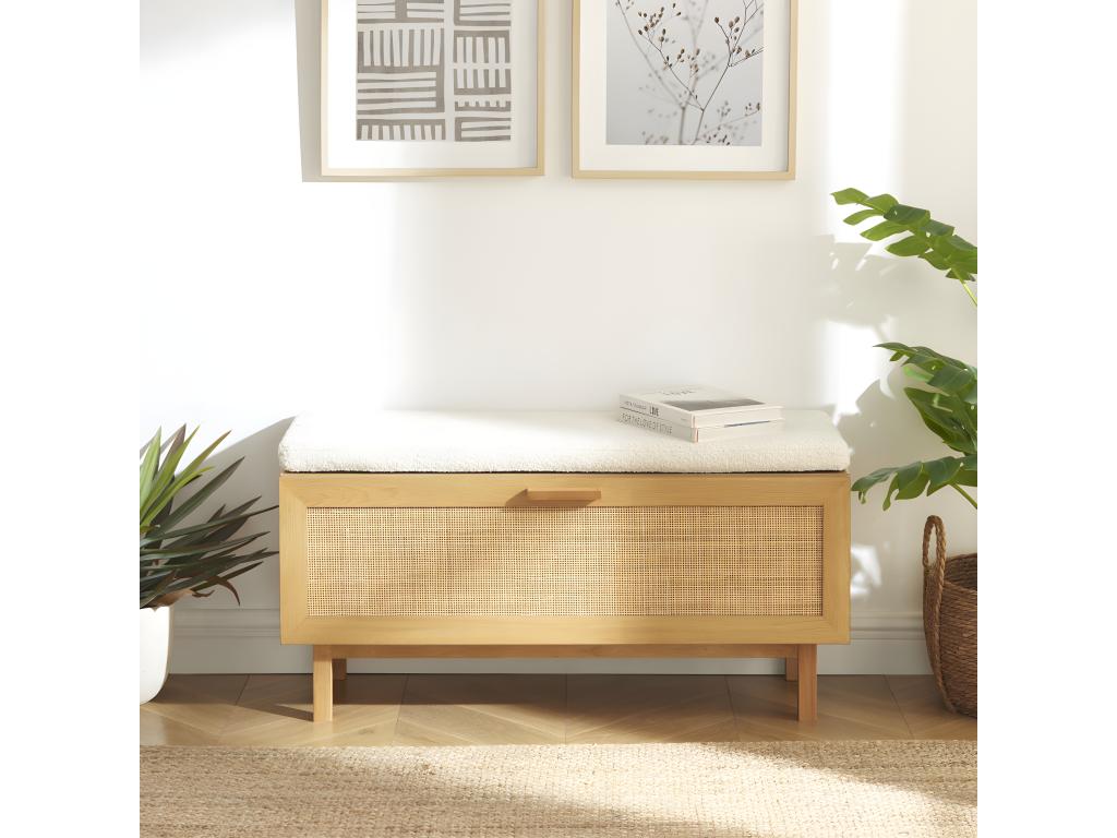 June - Entryway bench with shoe storage in wood and caning, 100cm long - Light wood