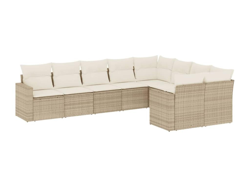 9-piece garden furniture set with cushions, beige woven resin