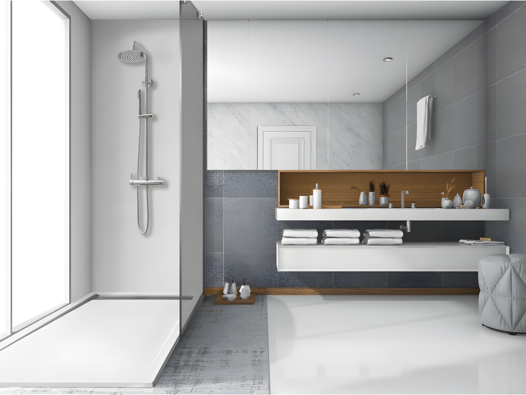 90x110 cm shower tray with side grate, Meubiana Slim grey Ral 7037, made of synthetic resin and marble powder, with drain