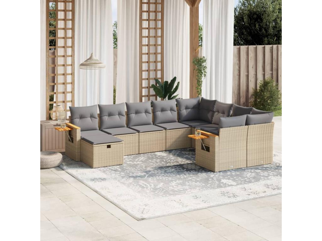 10-piece beige resin wicker garden furniture set with cushions