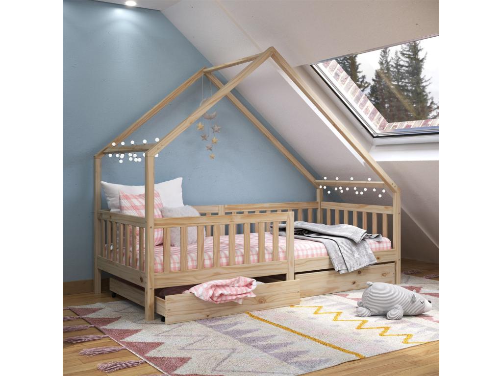 Meubiana Cabin Bed, Single Asymmetrical Wooden Children's Bed 90x200 cm Montessori Style with Storage and 2 Drawers in Natural Solid Pine