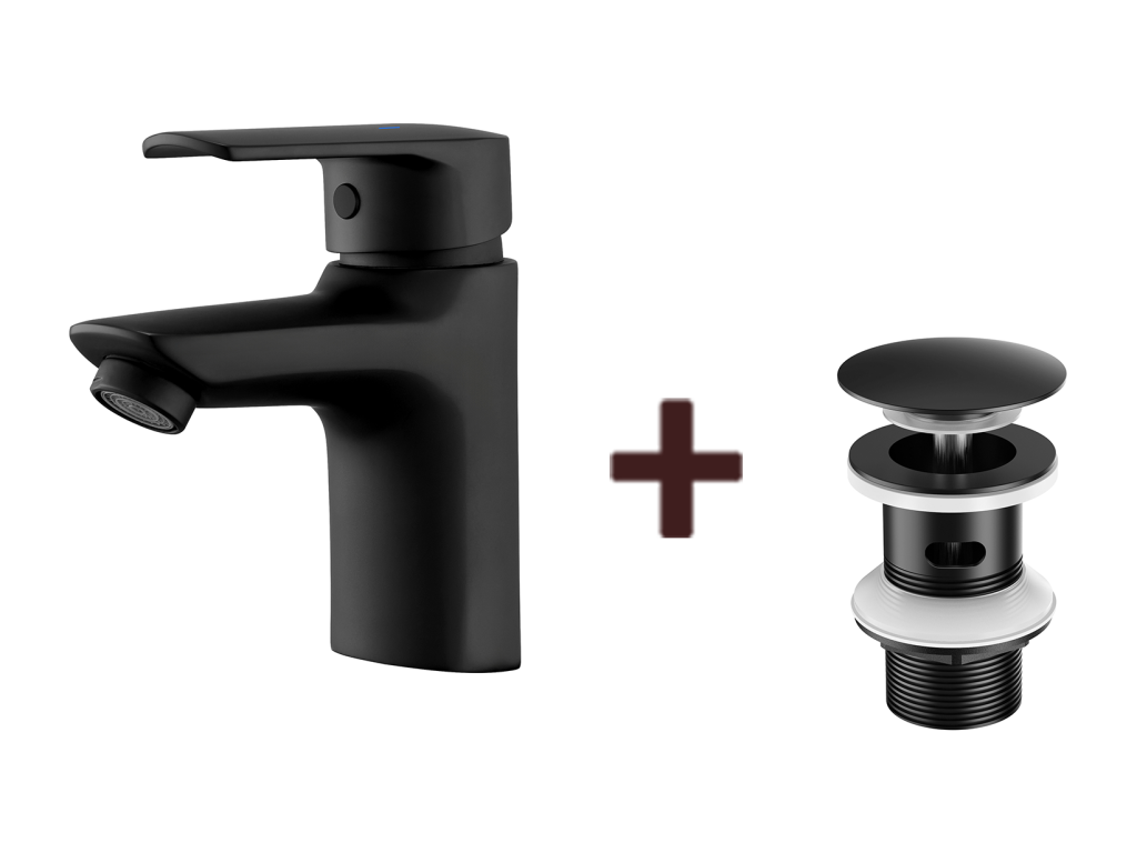 Single-hole basin mixer tap with pop-up waste hole, black, with automatic overflow.