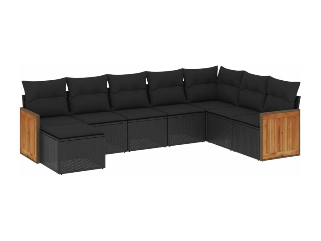 8-piece garden furniture set with cushions, black woven resin