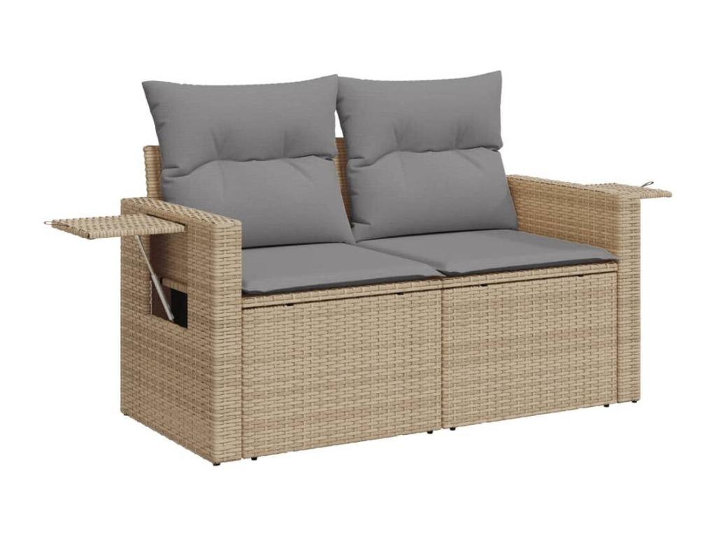 7-piece garden furniture set with cushions, beige woven resin