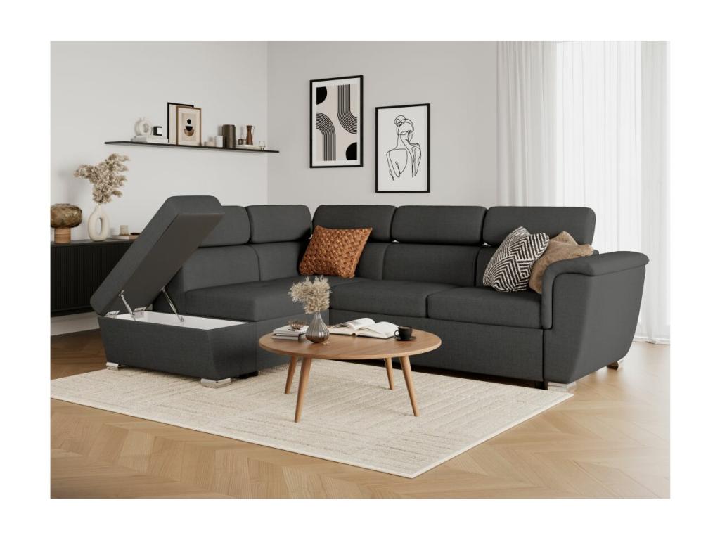 Meubiana 4-seater left-hand corner sofa bed with storage in fabric - Anthracite grey - W252 x D188 x H76cm - Meubiana