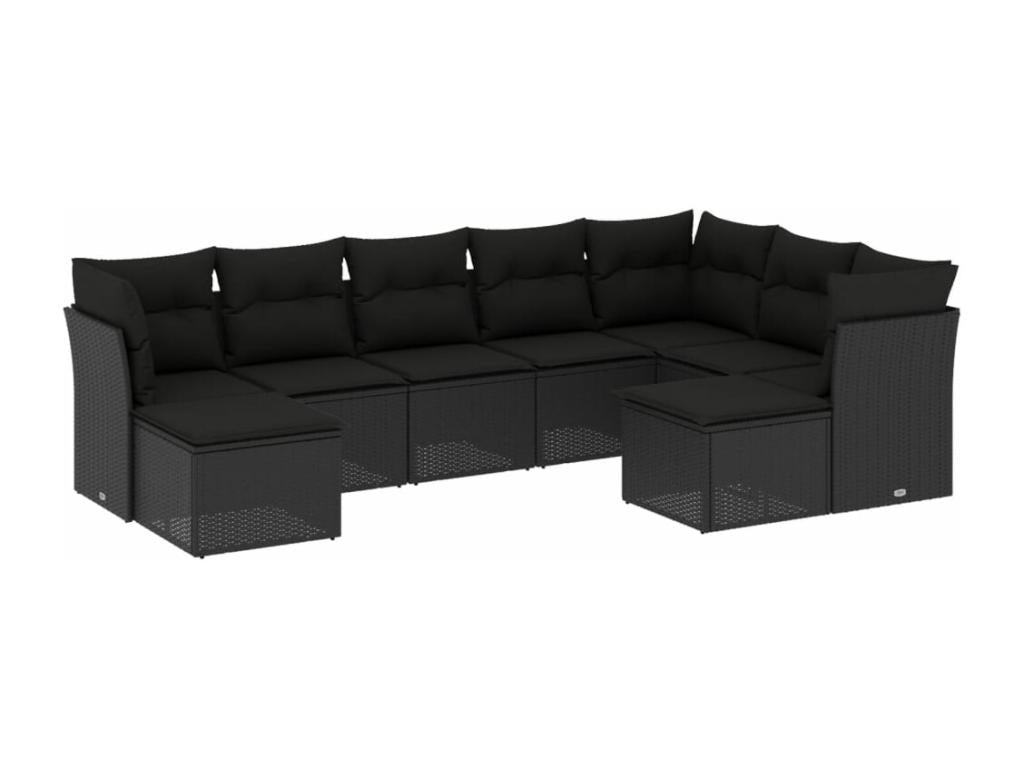 9-piece garden furniture set with cushions, black woven resin