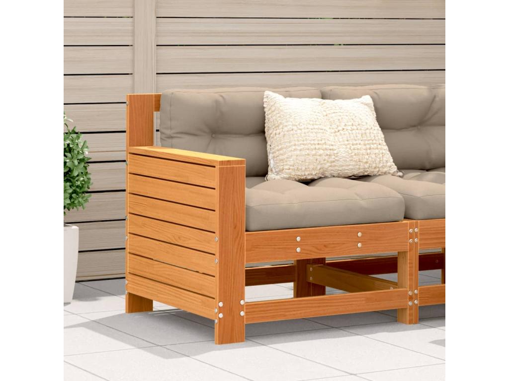 Garden sofa with armrests and brown cushions, solid pine wood
