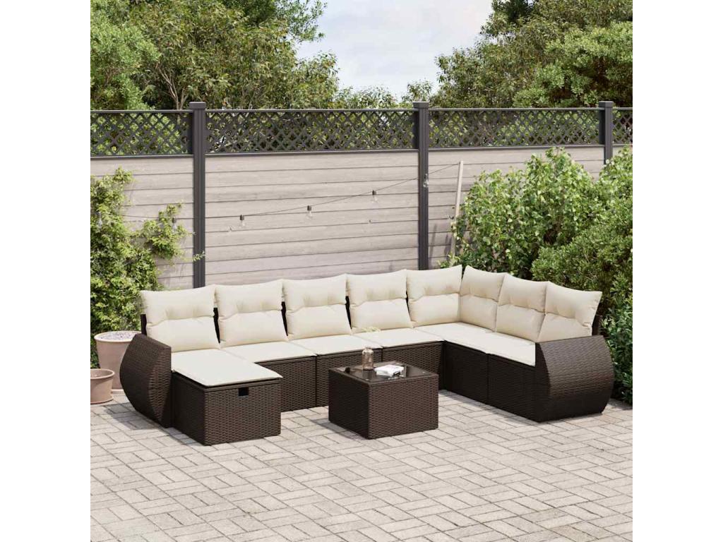 9-piece garden furniture set with cushions, brown woven resin