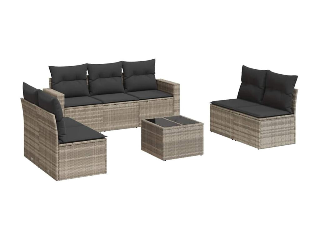8-piece garden furniture set with light grey cushions, woven resin