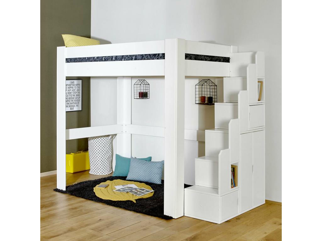 Meubiana loft bed package with stairs and 90x190 cm mattress, solid natural wood