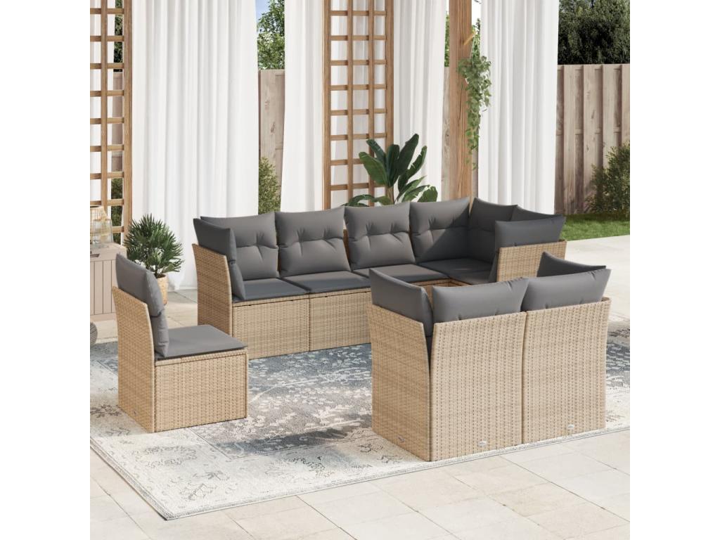 8-piece garden furniture set with cushions, beige woven resin