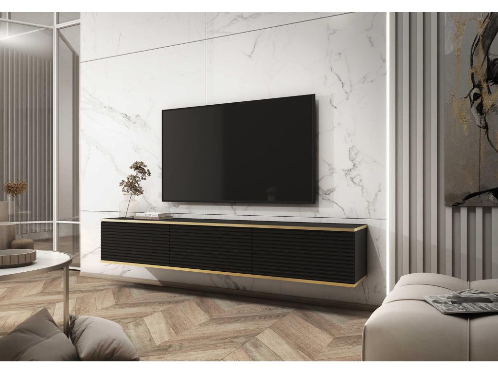 TV stand - 175 cm - slatted front - black with gold inserts - Meubiana