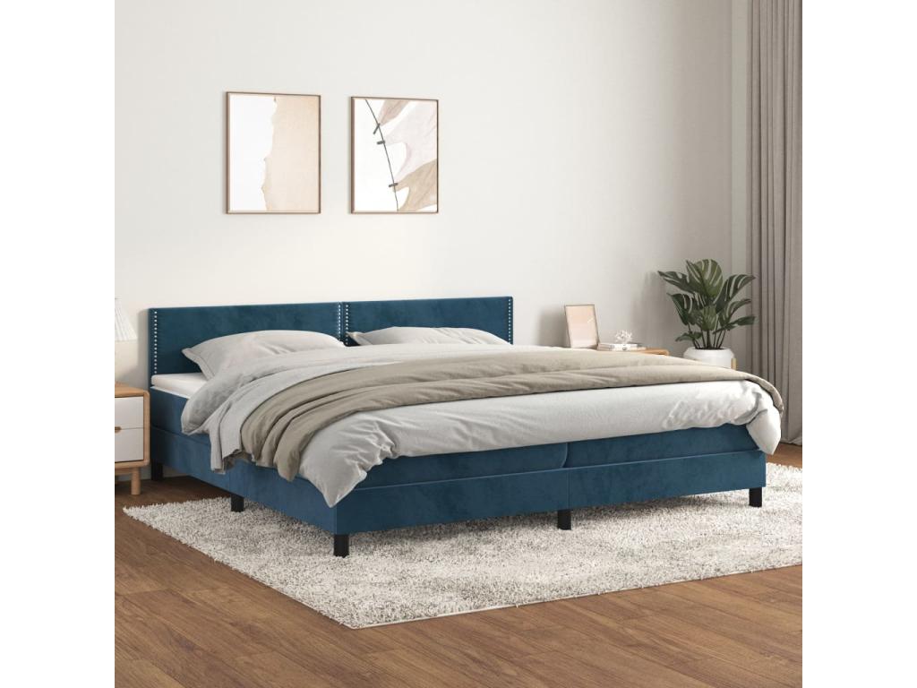 Upholstered bed base and mattress, dark blue, 200x200cm, velvet